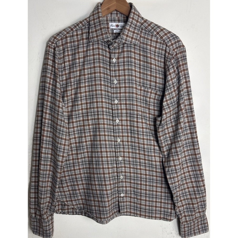 Alan Paine Wool Blend Flannel Button Up Shirt Mens Large Plaid Brown Pocket